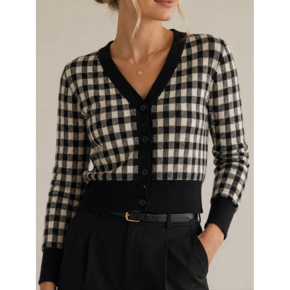 J.Crew Cashmere Cropped Gingham Cardigan Sweater V-Neck Black Ivory S Preppy